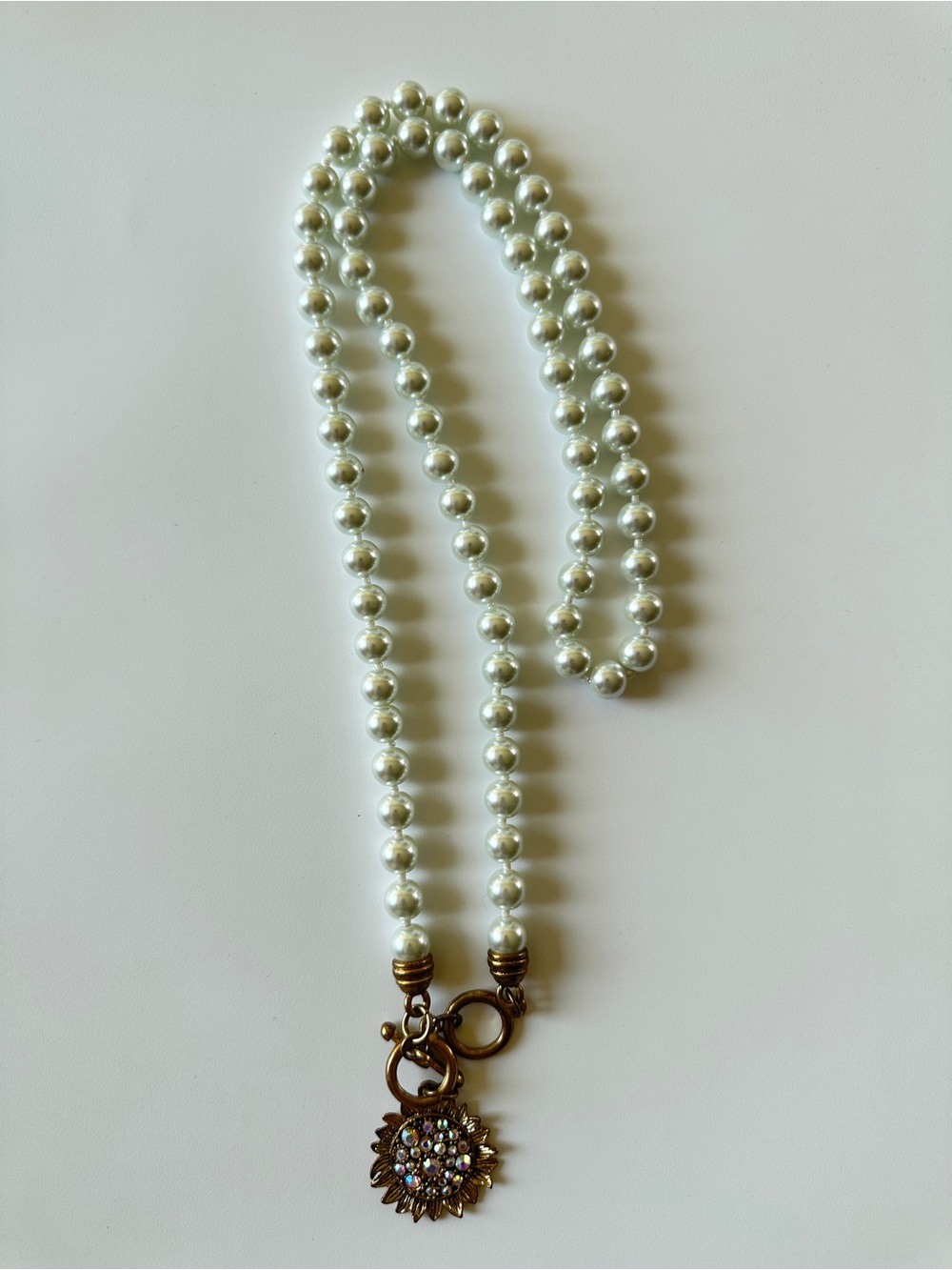 Pearl Beaded Necklace with Sunburst Crystal Pendant - White Pearls